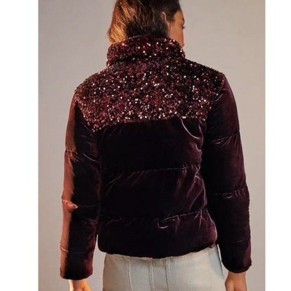 Anthropology Maeve Vera velvet burgundy sequins puffer jacket size medium - Picture 6 of 14